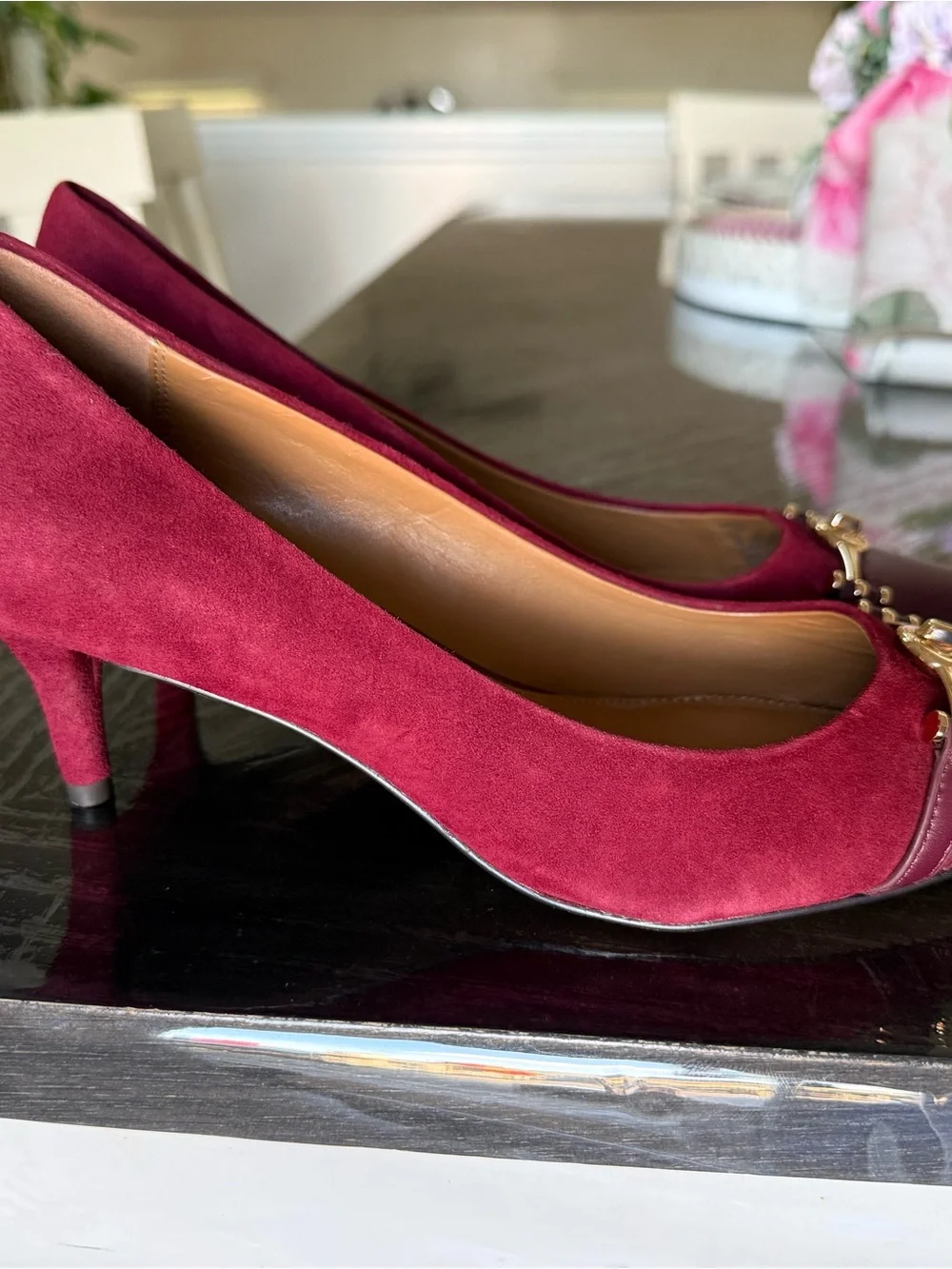 Coach Burgundy Pointed Toe Pumps with Gold Accent